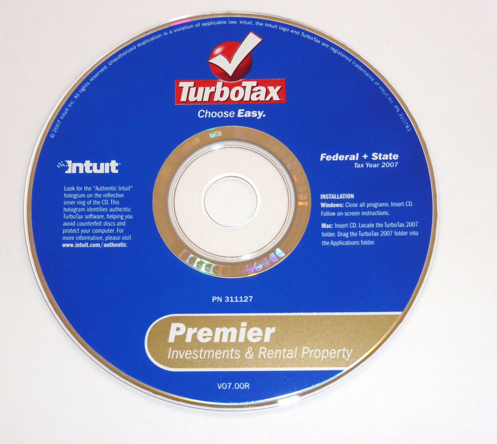 Intuit TURBOTAX PREMIER 2007 Federal and State CD-ROM disc for Windows and Mac
