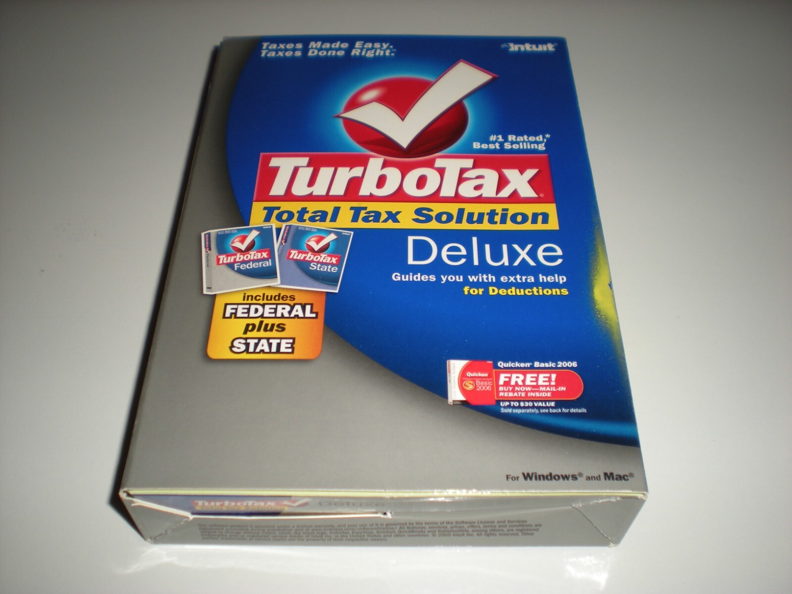 Turbotax 2005 Deluxe + state. New in box. Genuine but blemished package.