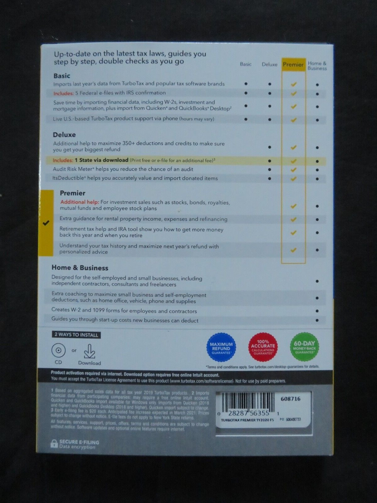 Genuine 2020 Intuit Turbotax Premier Investments Federal State Windows & Mac