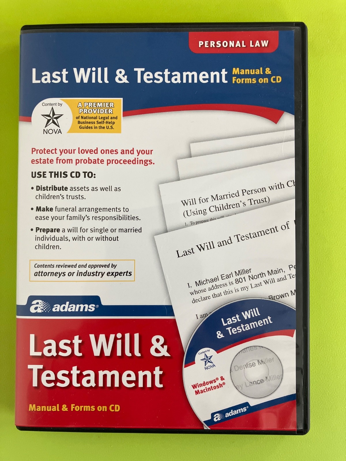 Adams Last Will & Testament Manual & Forms on CD Personal Law