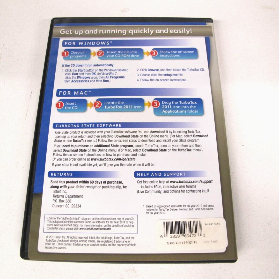 2011 Intuit TurboTax Home & Business Federal State for Windows and Mac PreOwned