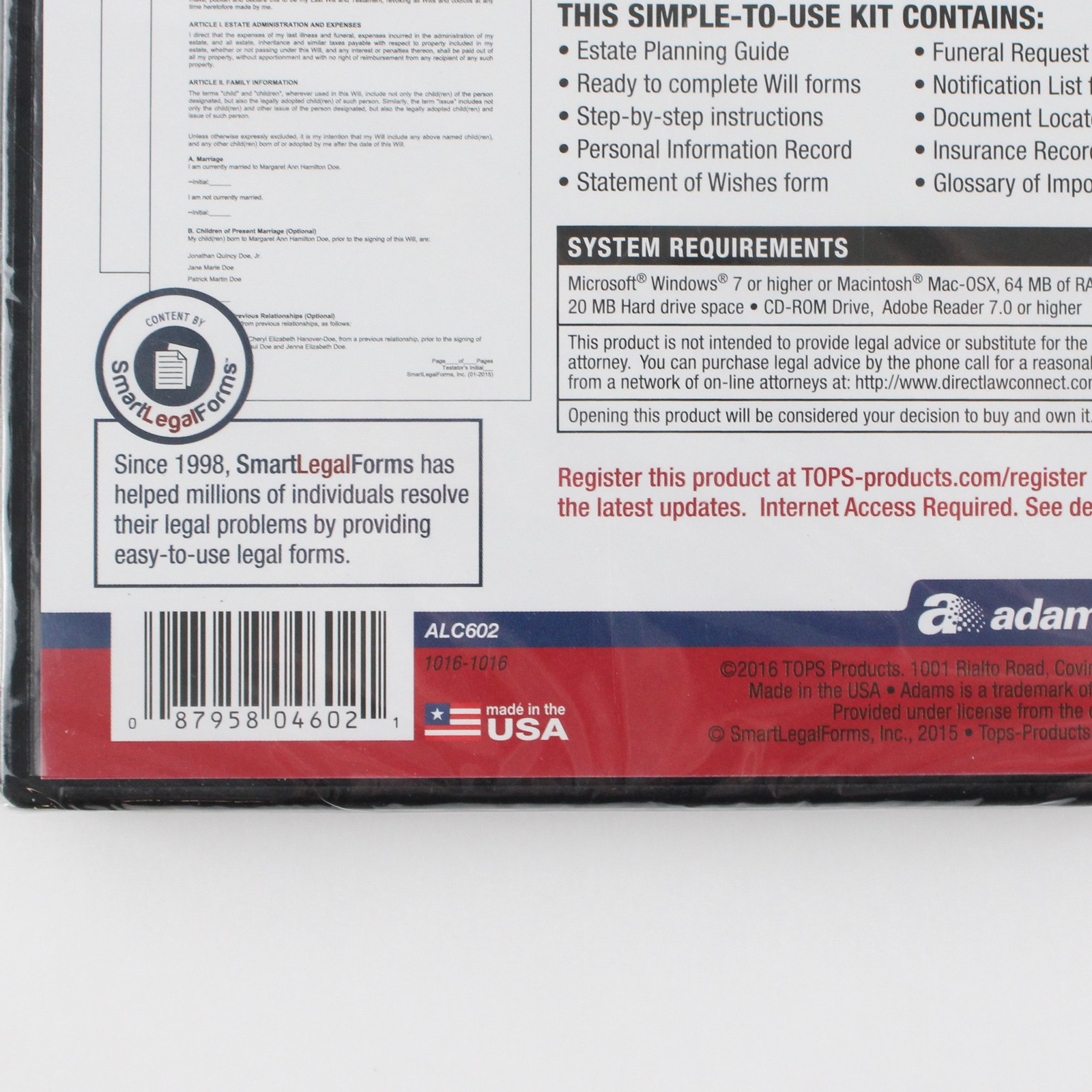 Adams Last Will & Testament Software Manual & Forms on CD 2016 New Sealed
