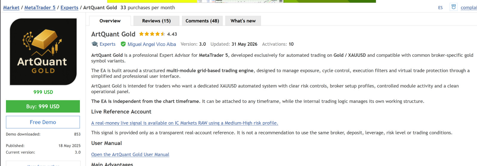 v3.0 Artquant Gold EA Metatrader MT5 Gold Bot Trading Robot MQL5 Expert Advisor