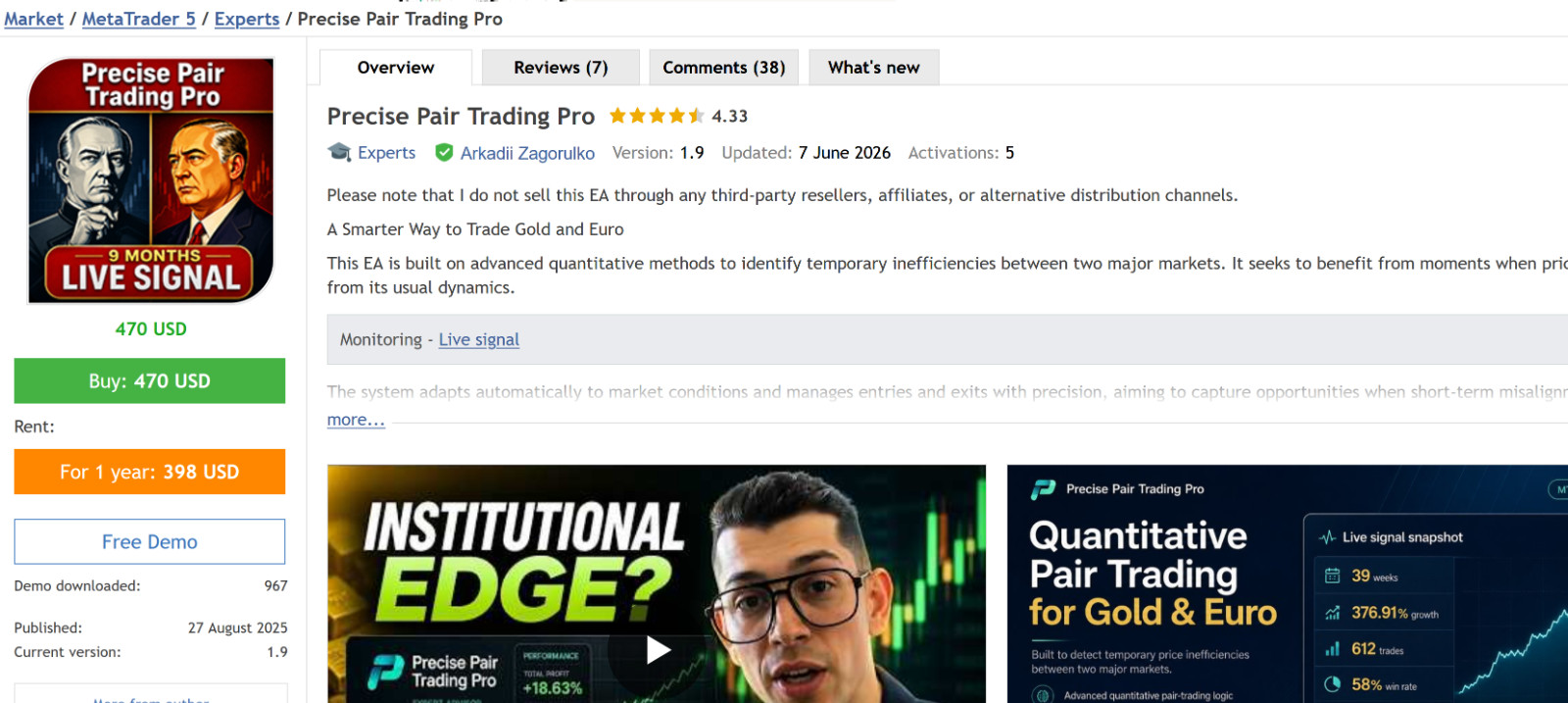 v1.9 Precise Pair Trading Pro EA Metatrader MT5 Gold Bot MQL5 Expert Advisor