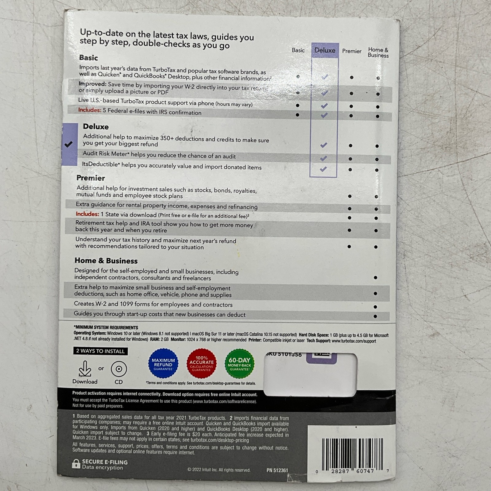 NEW Turbotax Deluxe 2022 Federal Return E-File NO STATE CD Physical Disc