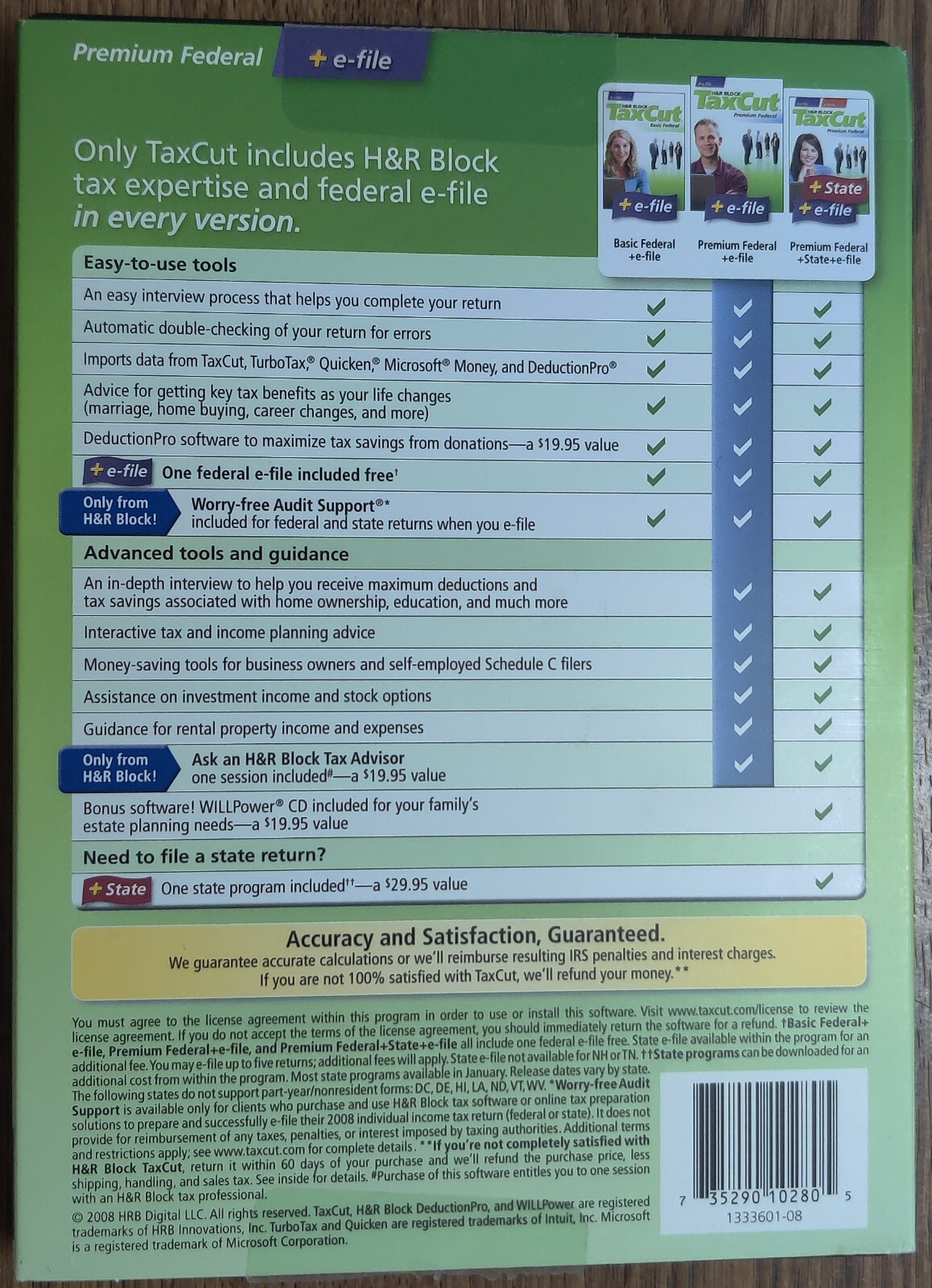 2008 H&R Block Tax Cut Software Premium Federal (No State) Win/Mac CD-Rom Disc