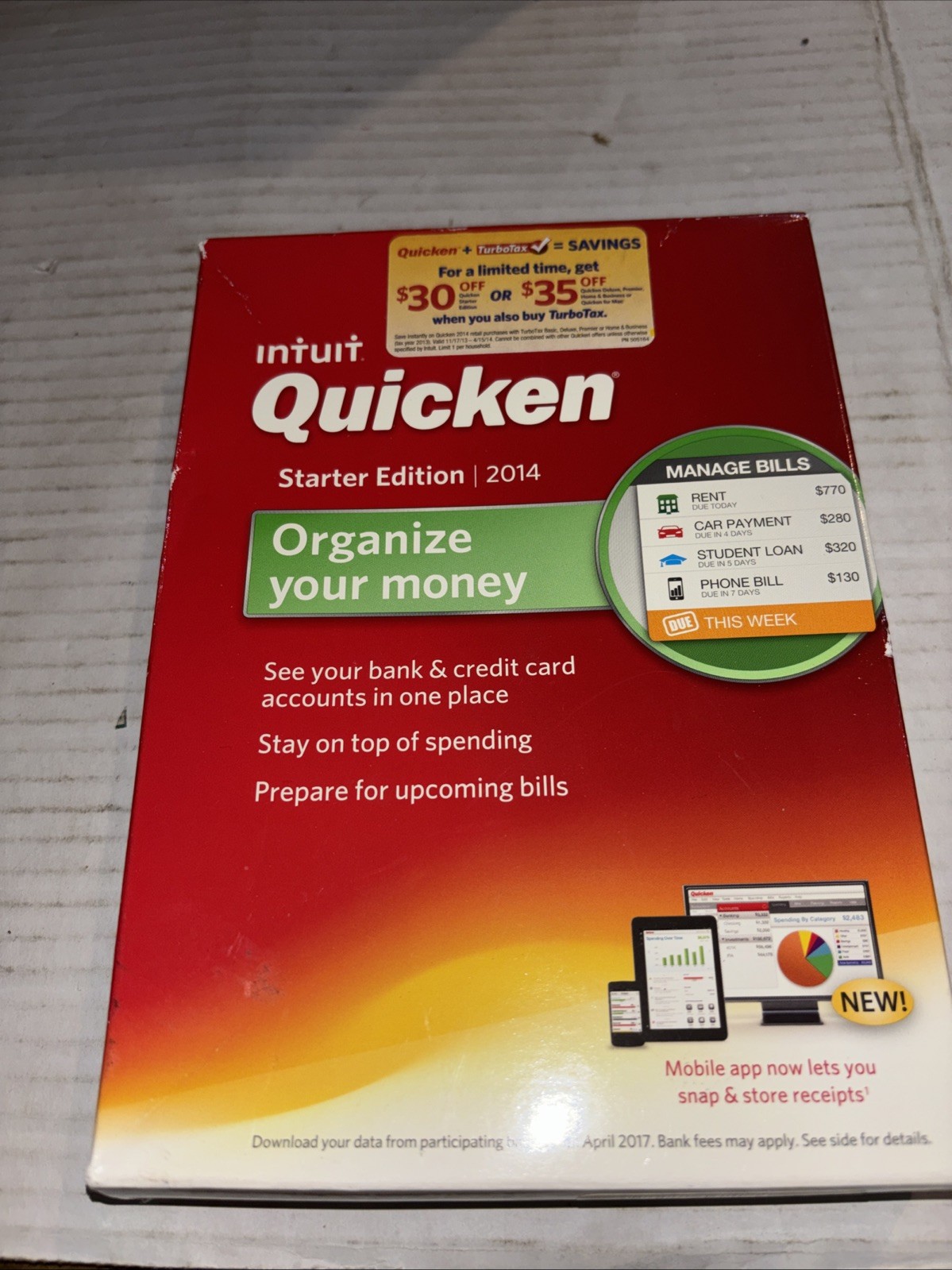 Intuit Quicken 2014 Starter Edition Orginize Your Money For XP SP3 / Vista 7 & 8