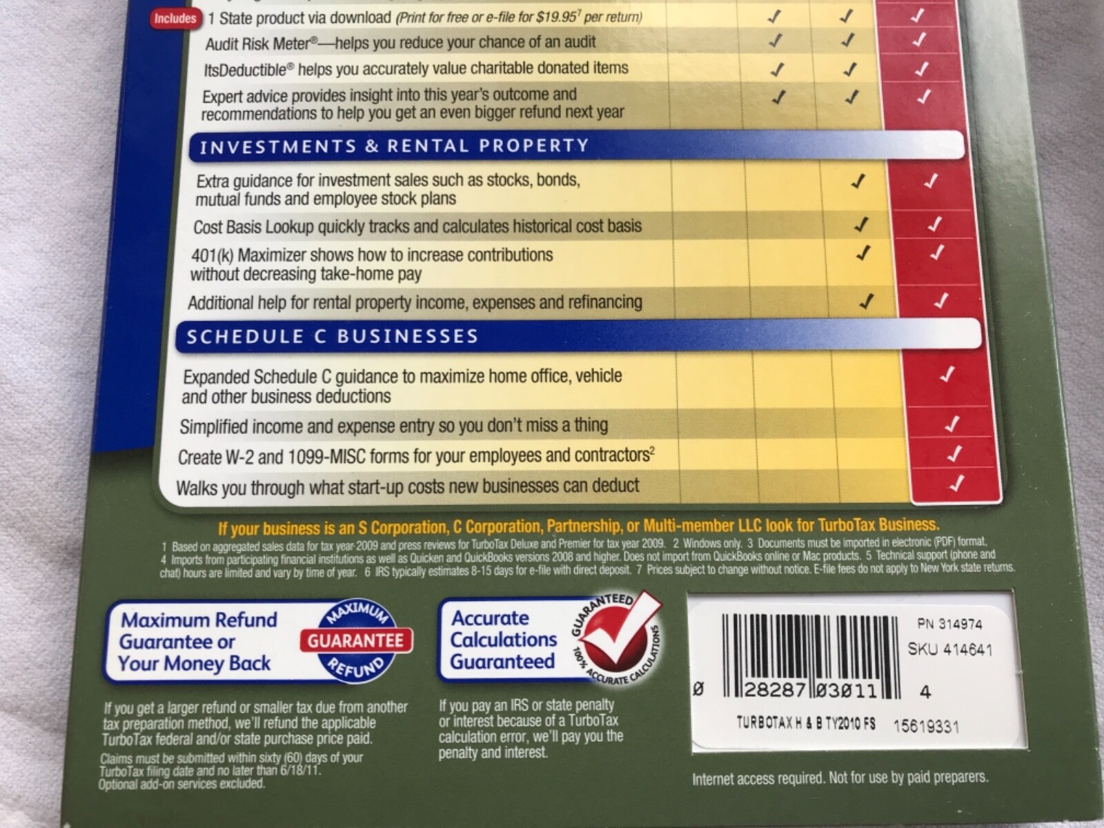 2010 TURBO TAX FED & ST. RETURNS HOME & BUSINESS SCHEDULE C SINGLE MEMBER LLC