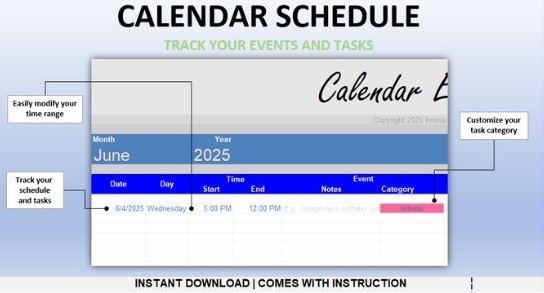 Excel Simple Customizable Automated First Calendar 2025 Scheduling