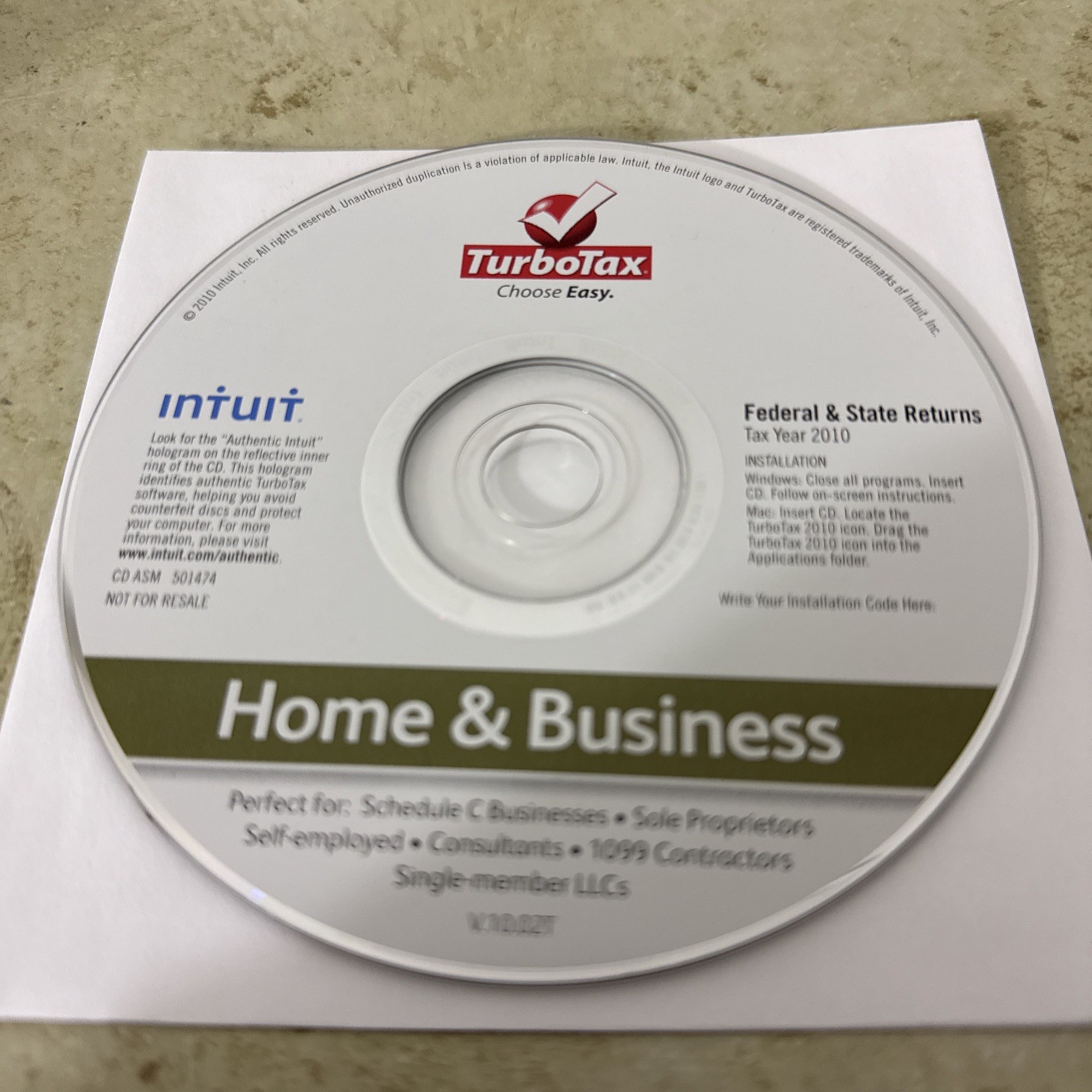 Turbotax Home and Business 2010 Federal & State Schedule C For Windows & Mac