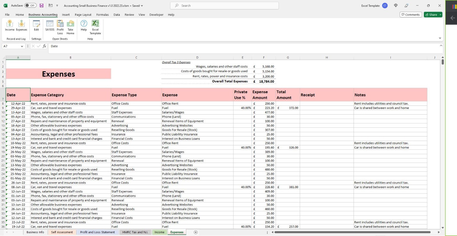Accounting Small Business Finance Bookkeeping Self Employed Excel Spreadsheet