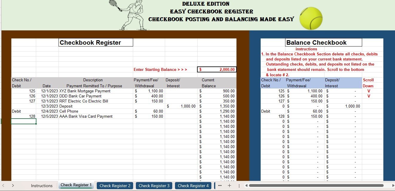Checkbook Register Excel Spreadsheet, For PC or Android + FREE Budget Template