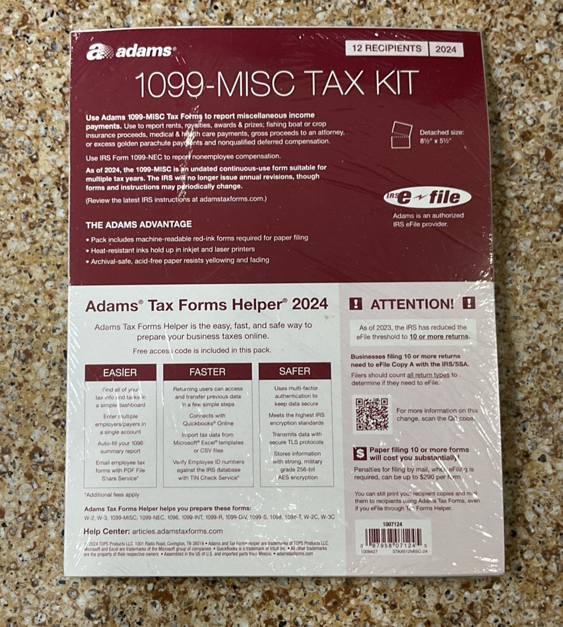 2024 Adams 1099-MISC TAX KIT Forms 4-Part 12 Recipients+Envelopes 1007124