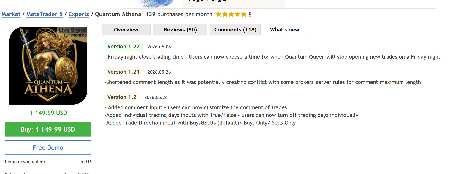 v1.22 Quantum Athena EA Metatrader MT5 Gold Bot Trading Robot MQL5 Expert