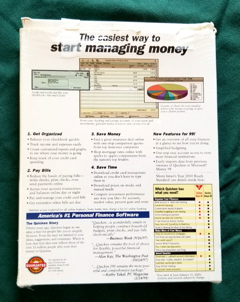 Intuit Quicken Basic 99 For Windows 95/98/NT Disc and Manual in Original Box VTG