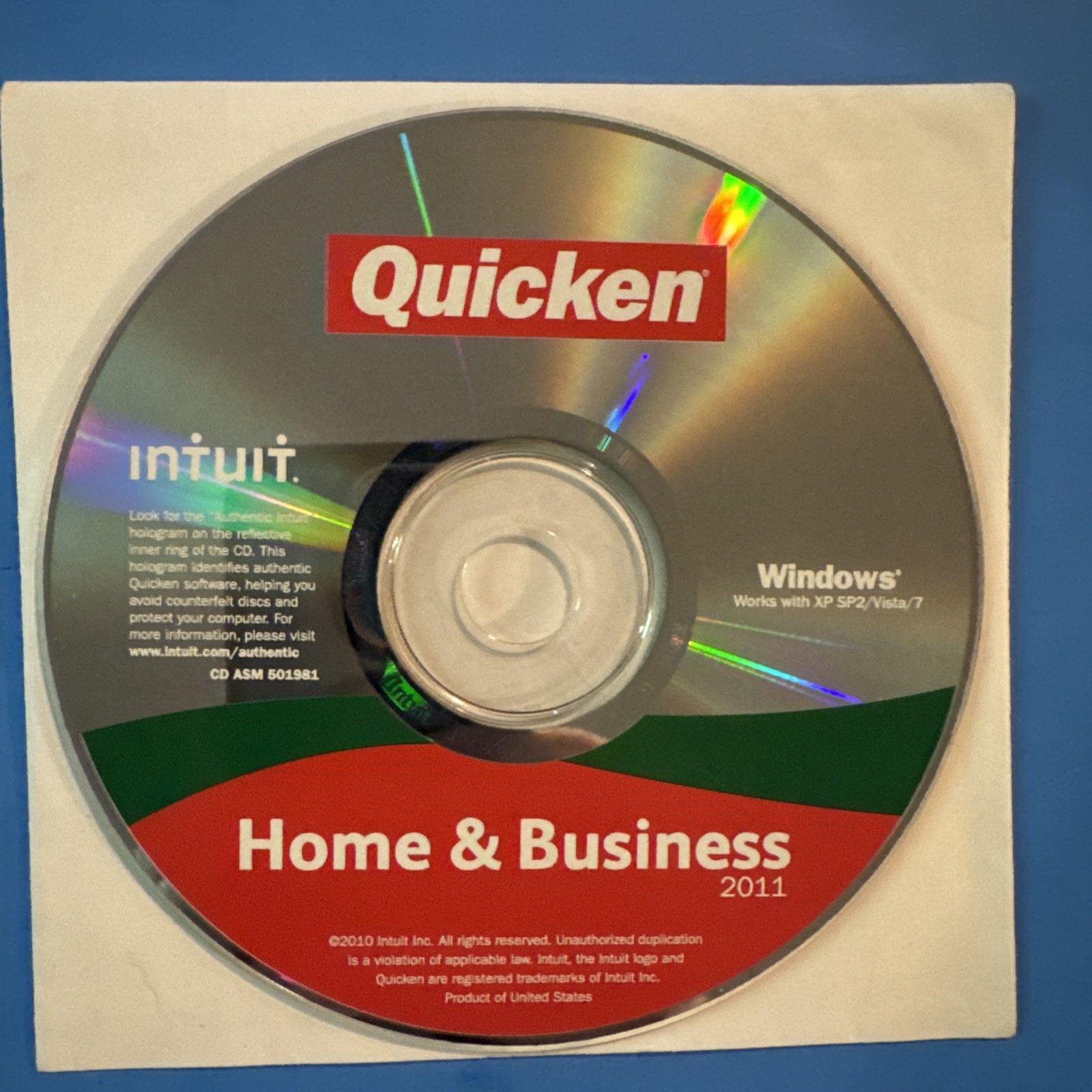 Quicken Home And Business 2011 XP/ SP2 /Vista/ Windows 7 Disc Only