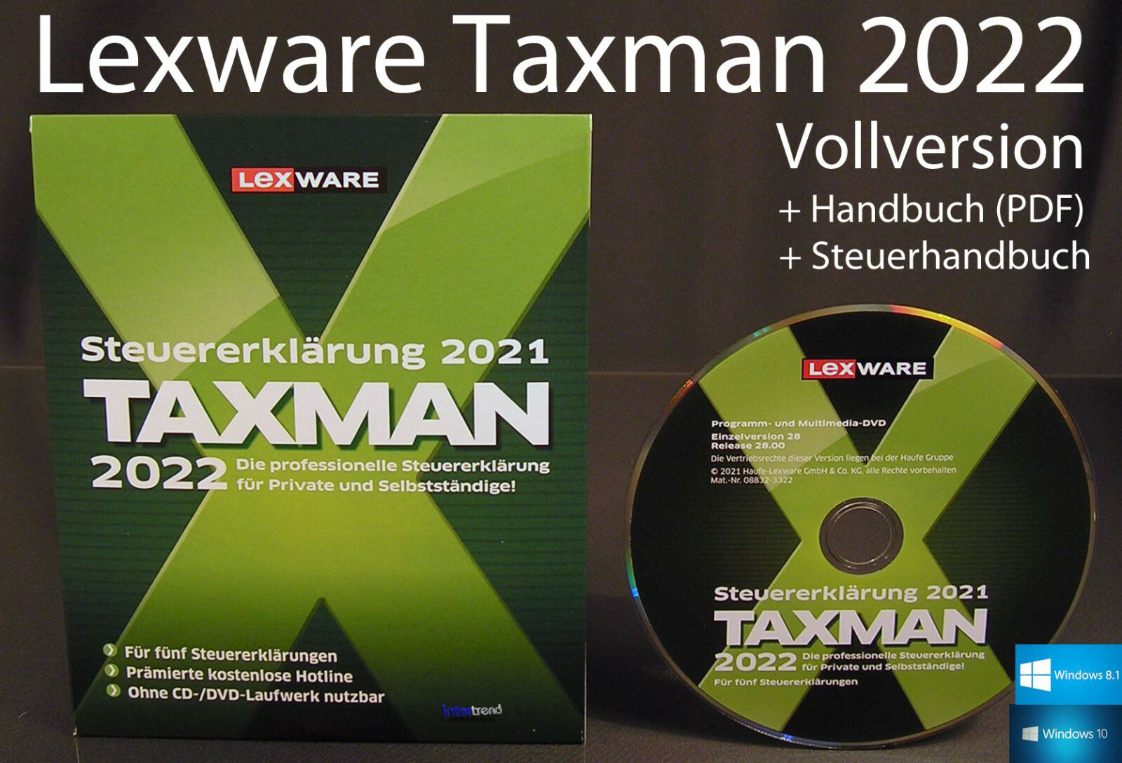 Lexware Taxman 2022 Full Version Box + DVD Tax Year 2021 + Tax Manual NEW