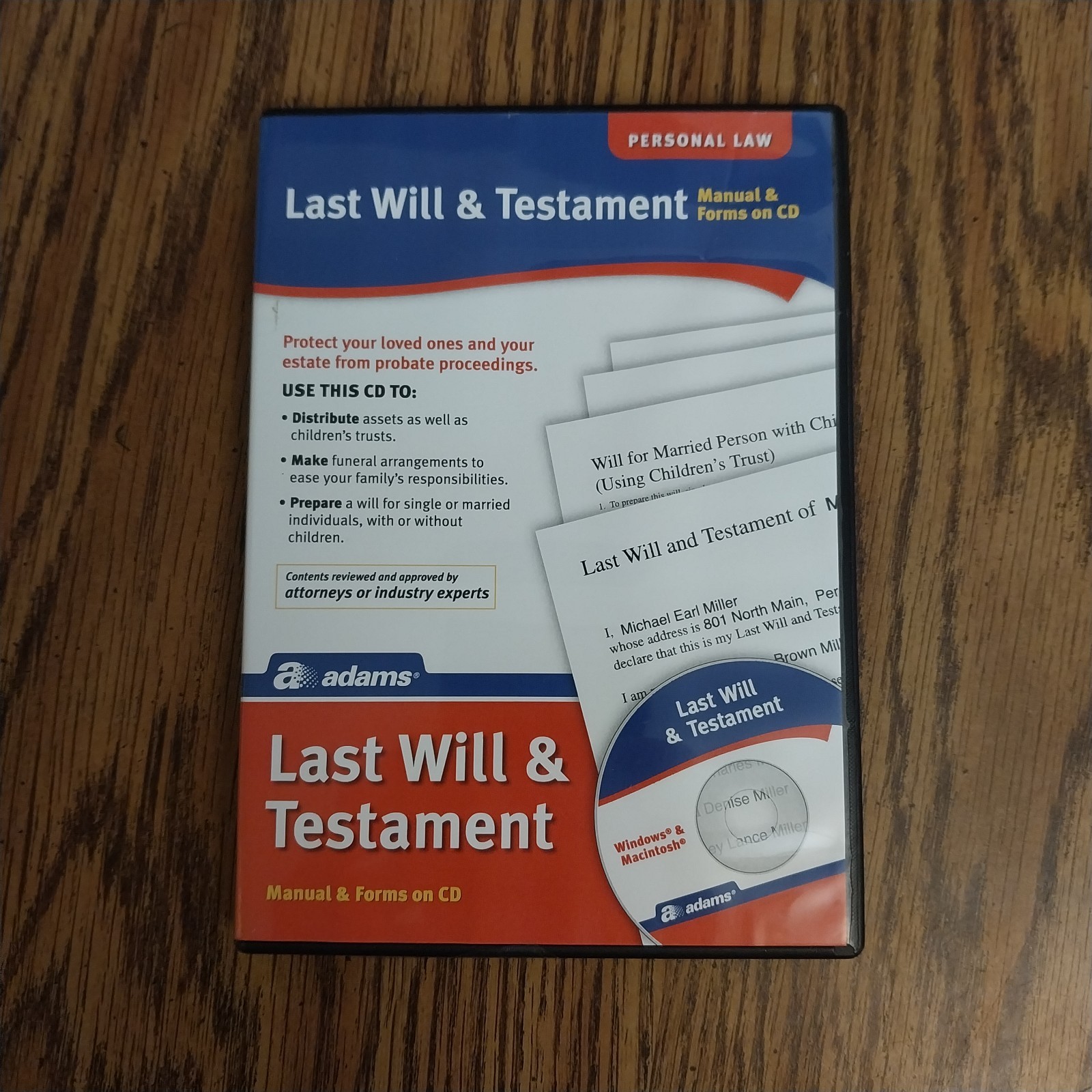 Adams Last Will & Testament Manual & Forms on CD Personal Law