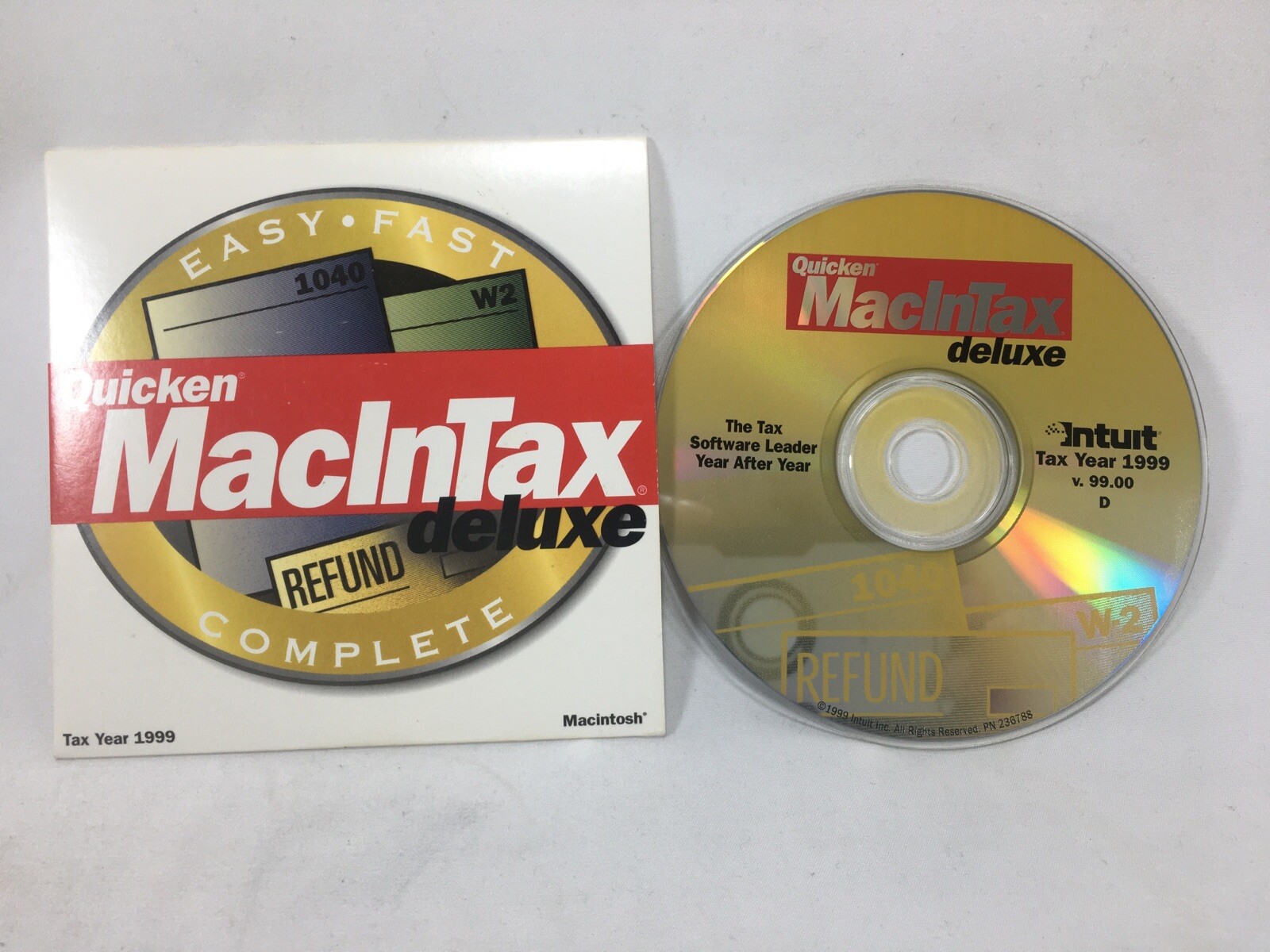 Used 1999 Quicken MacInTax Deluxe in orig sleeve. Complete Federal/State CD disc