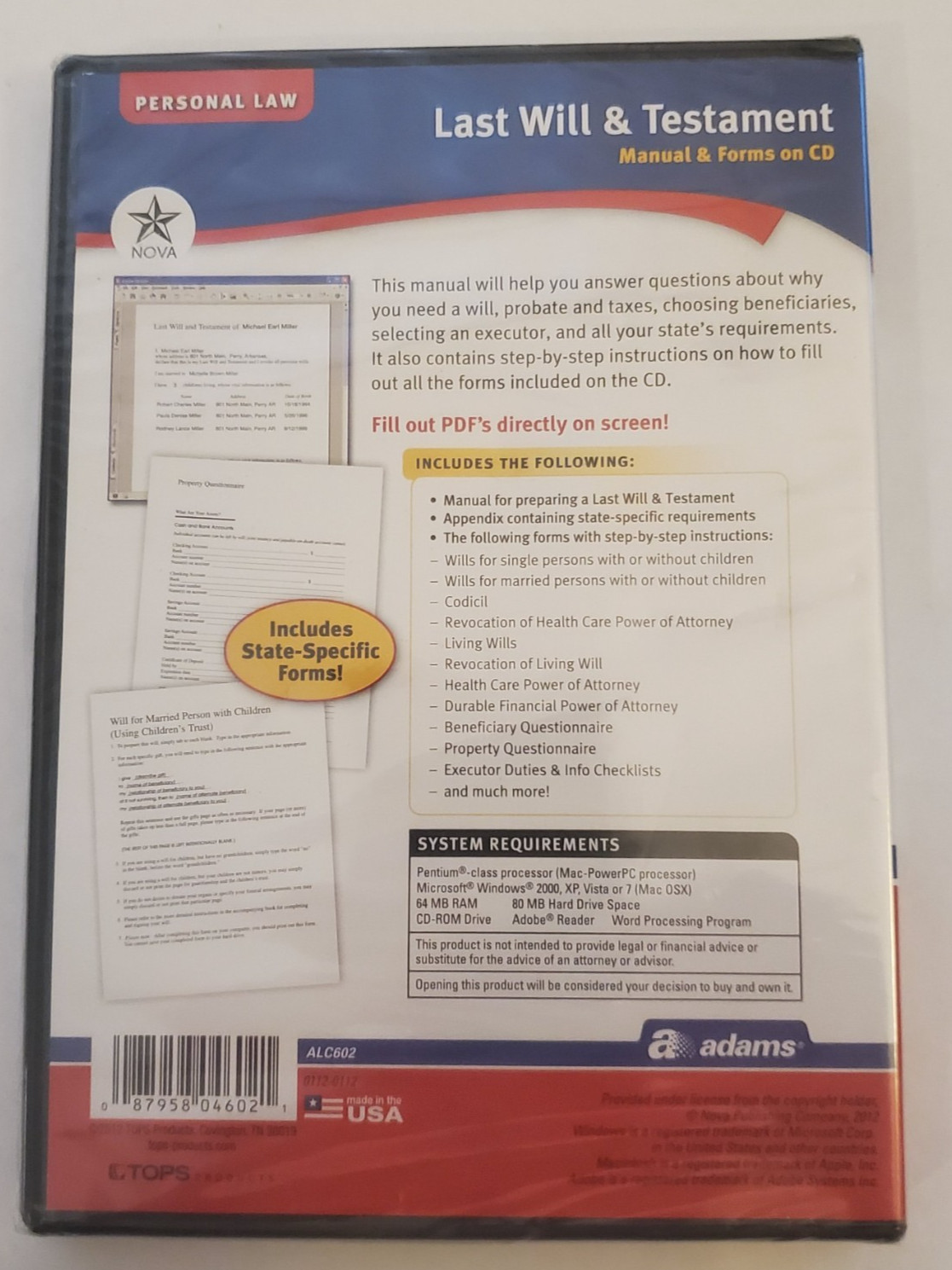 Adams: Last Will & Testament, Manual & Forms on CD, Personal Law, New Sealed