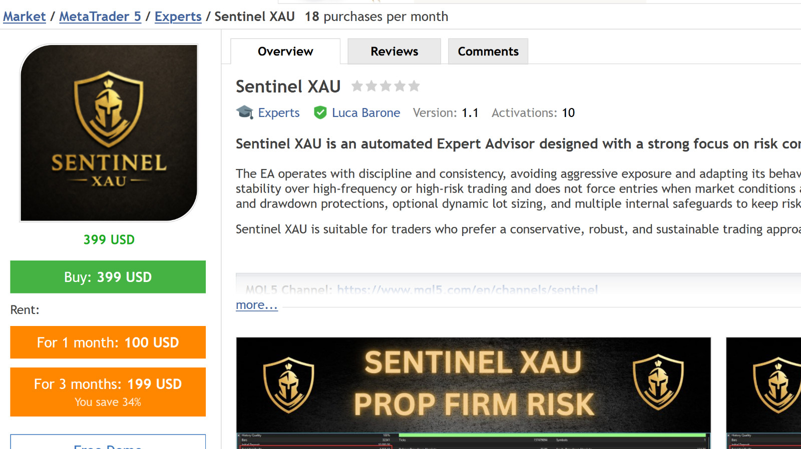 v1.2 Sentinel XAU Gold EA MT5 MQL5 metatrader algo trading robot scalping ftmo