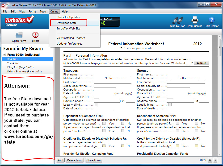 2012 TurboTax Deluxe for federal e-file & state tax return for PC & Mac CD