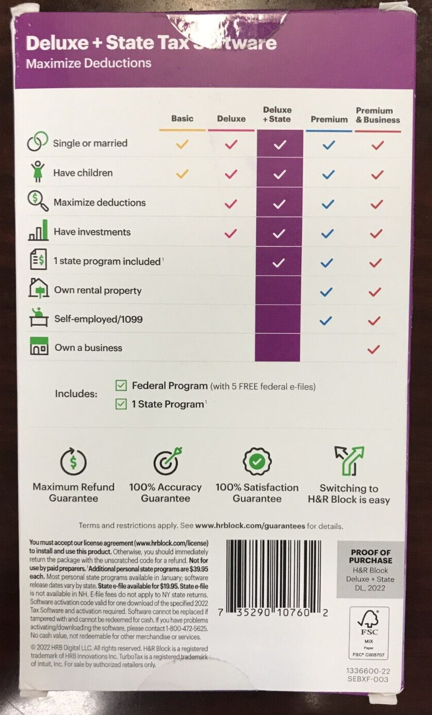 LOT OF 5 NEW SEALED H&R Block 2022 Deluxe State Tax Preparation Software