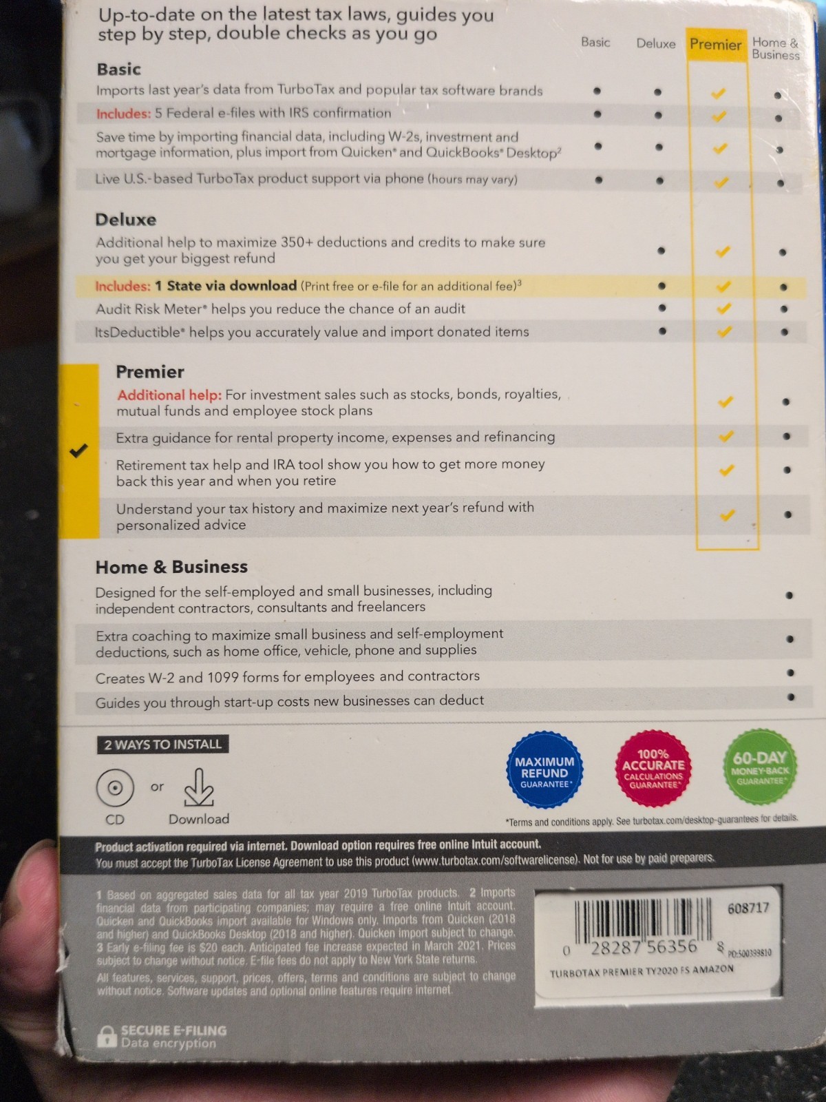 Genuine 2020 Intuit Turbotax Premier Investments Federal State Windows & Mac