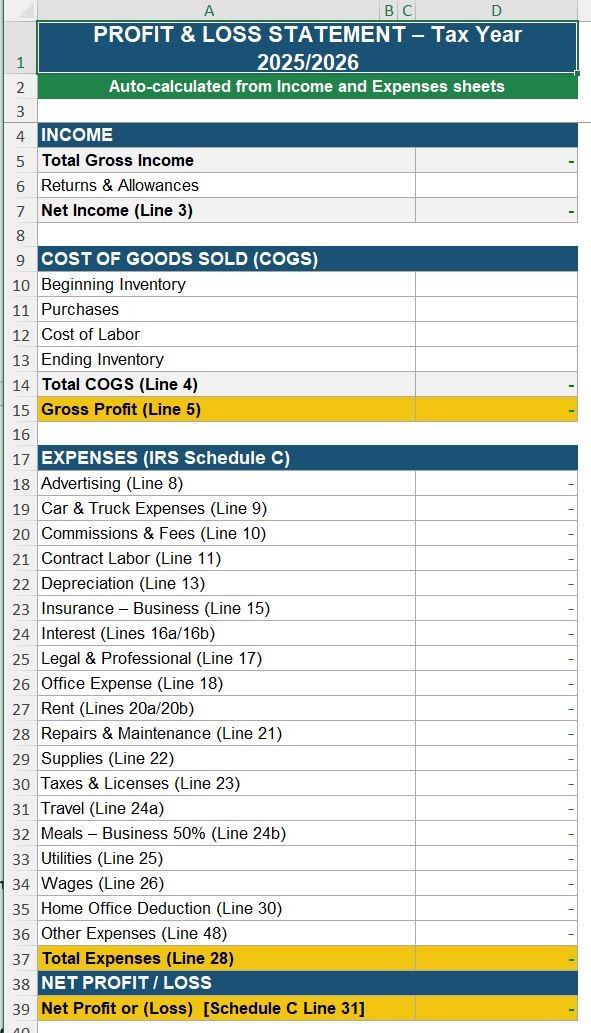 US Accounting Small Business Finance Bookkeeping Self Employed Excel Spreadsheet
