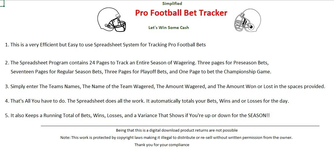 Pro Football Bet Tracker Excel Spreadsheet for PC or Android, BOGO See Descript.