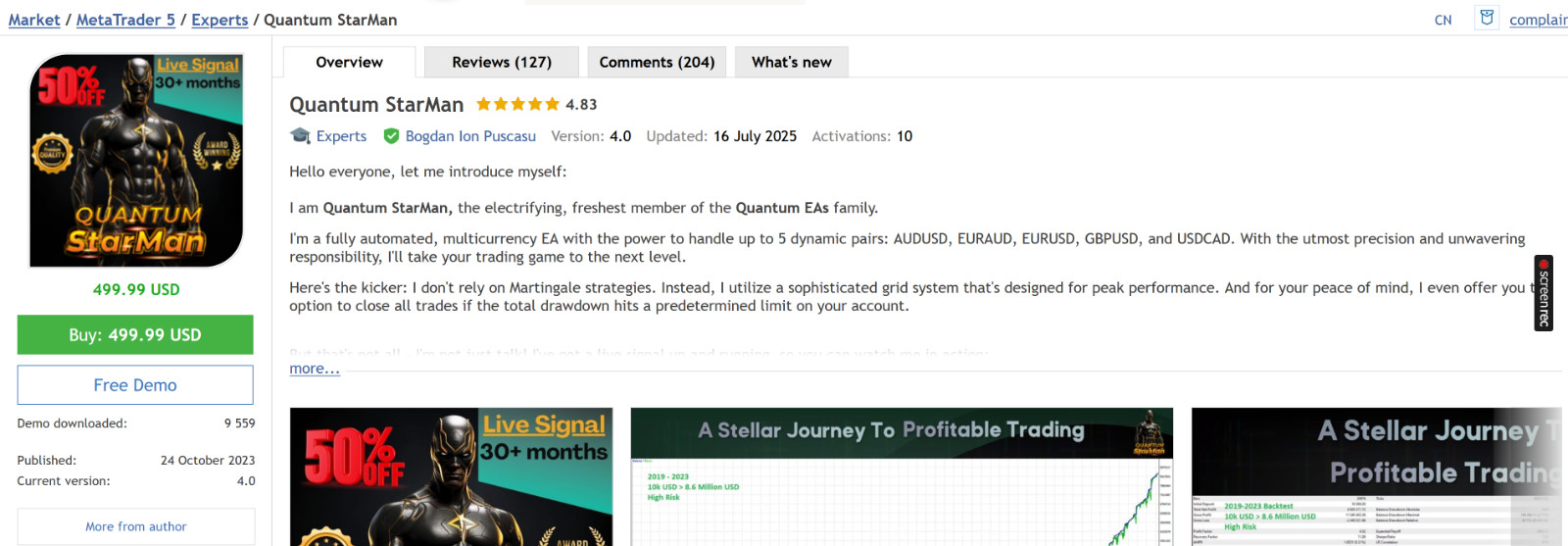 v4.0 Quantum Starman EA Metatrader MT5 Gold Bot Trading Robot MQL5 Expert