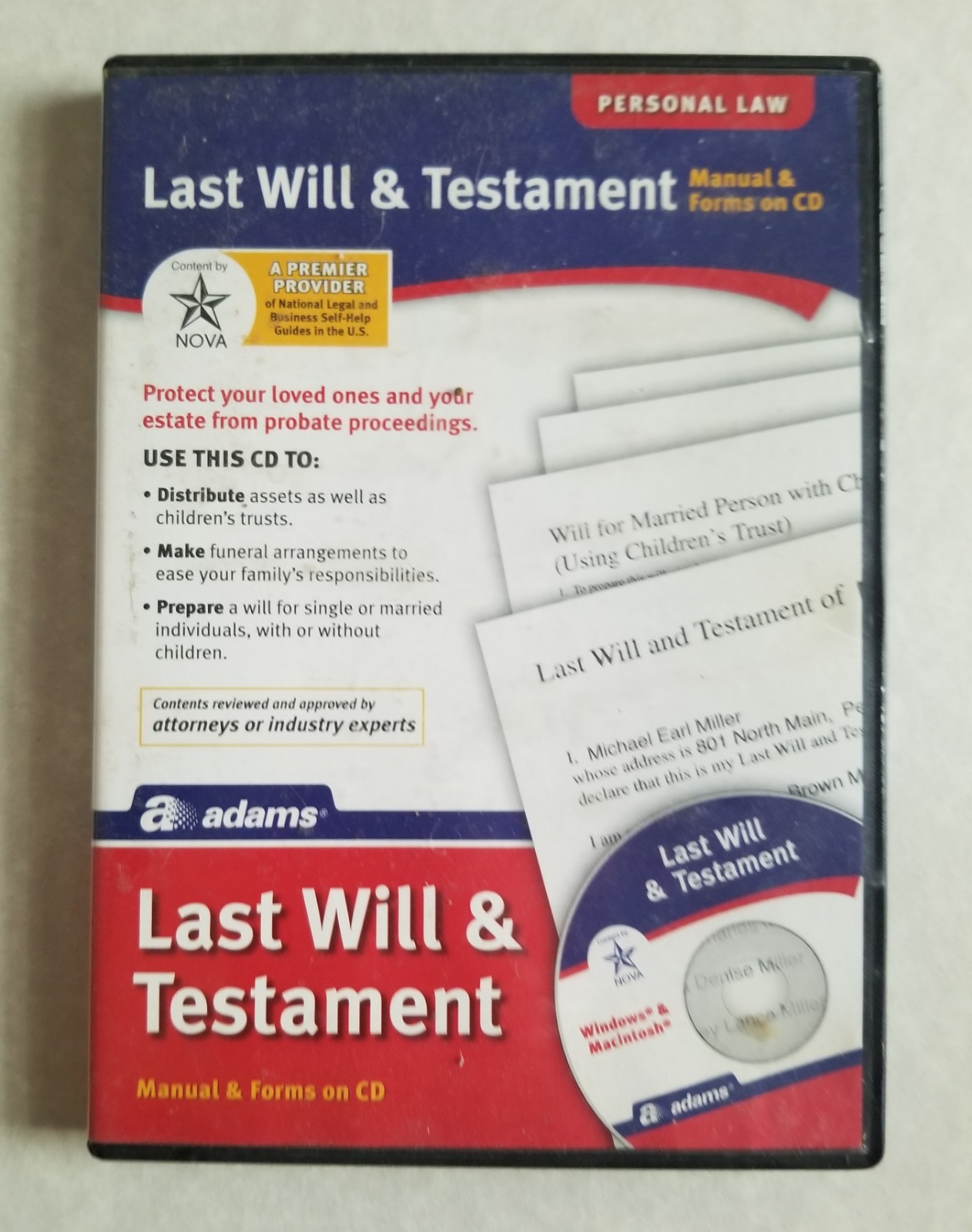 Adams Last Will & Testament Manual & Forms on CD Personal Law Attorney Approved