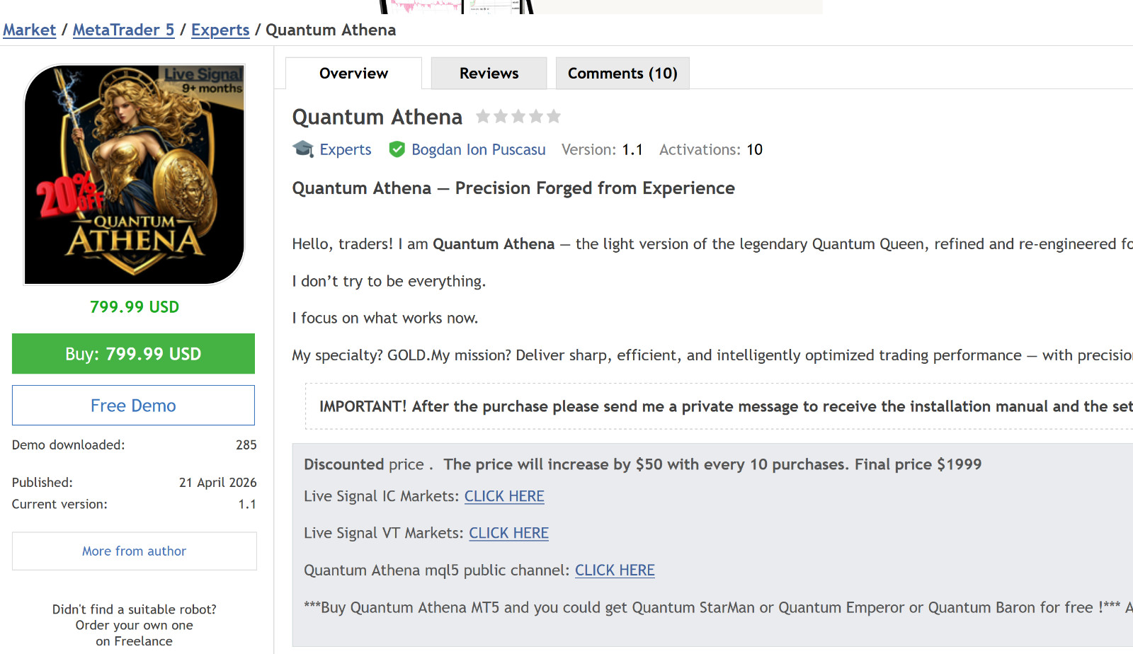 v1.1 Quantum Athena Gold EA MT5 metatrader algo trading robot scalping ftmo