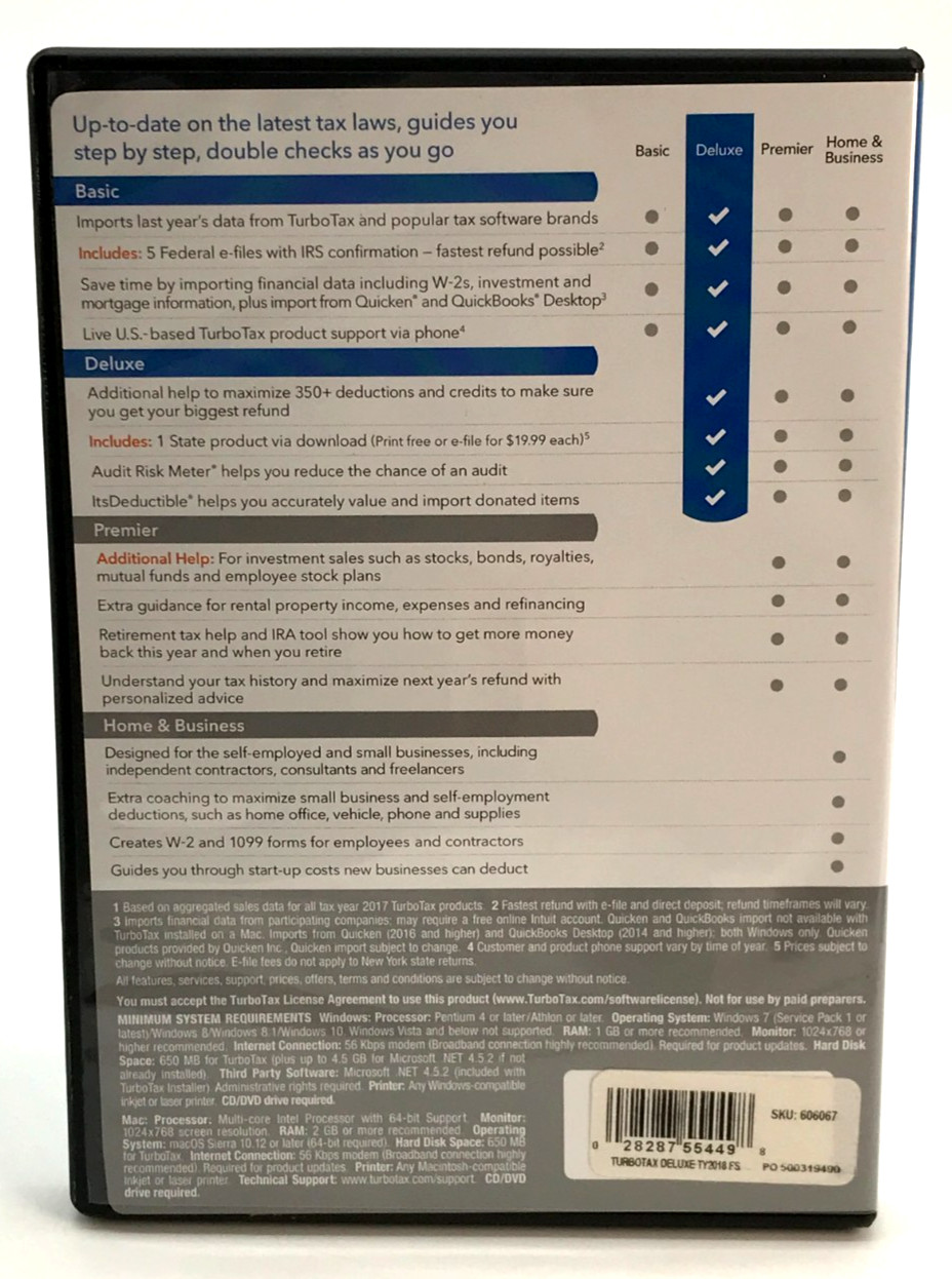 Intuit Turbotax Deluxe Federal Returns Federal E-file & State Returns 2018