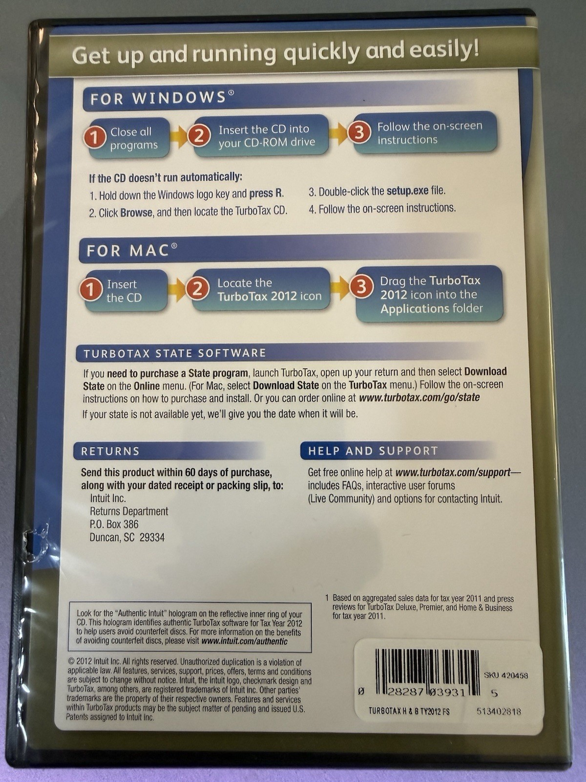Turbotax Home & Business | Federal & State | Tax Year 2012 CD PC/Mac