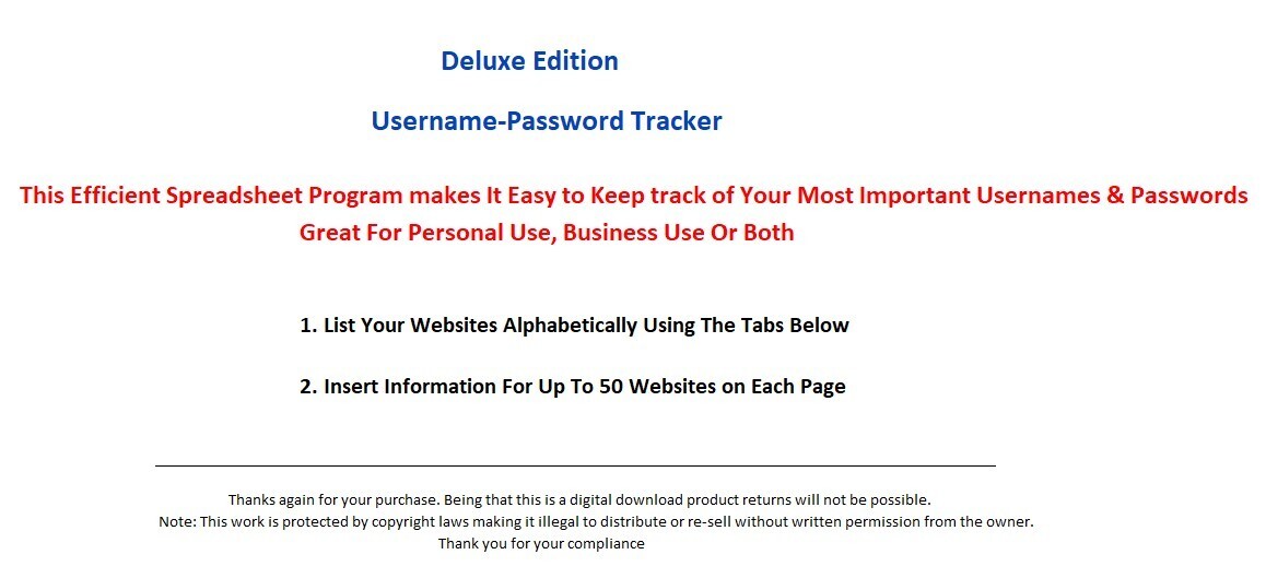 Excel Username-Password Tracker Spreadsheet. for PC or Android +Free CB Register
