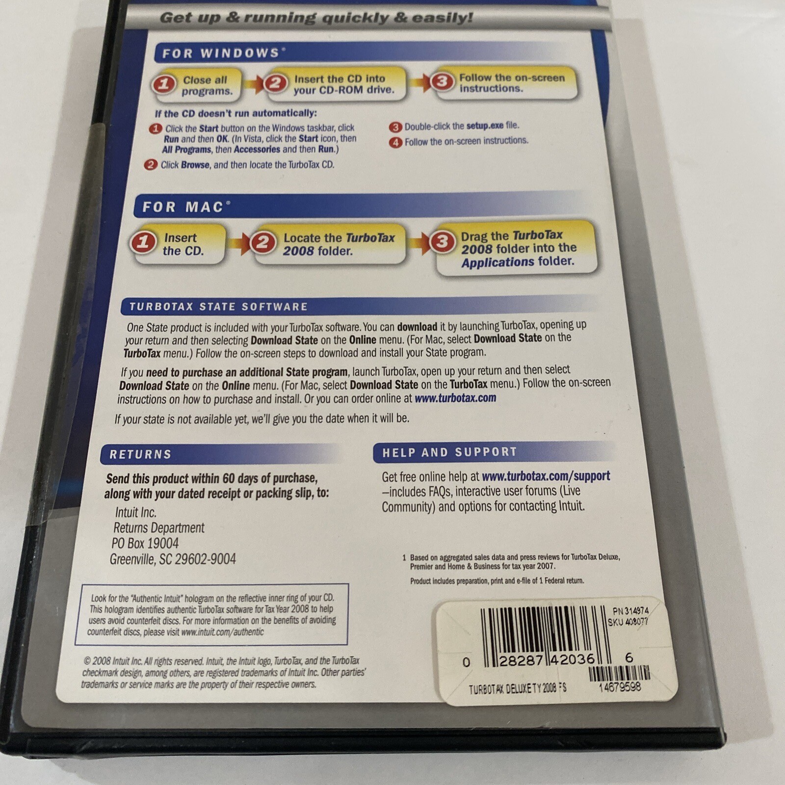 Turbo Tax Deluxe 2008 Federal + State includes Federal E-File cd used