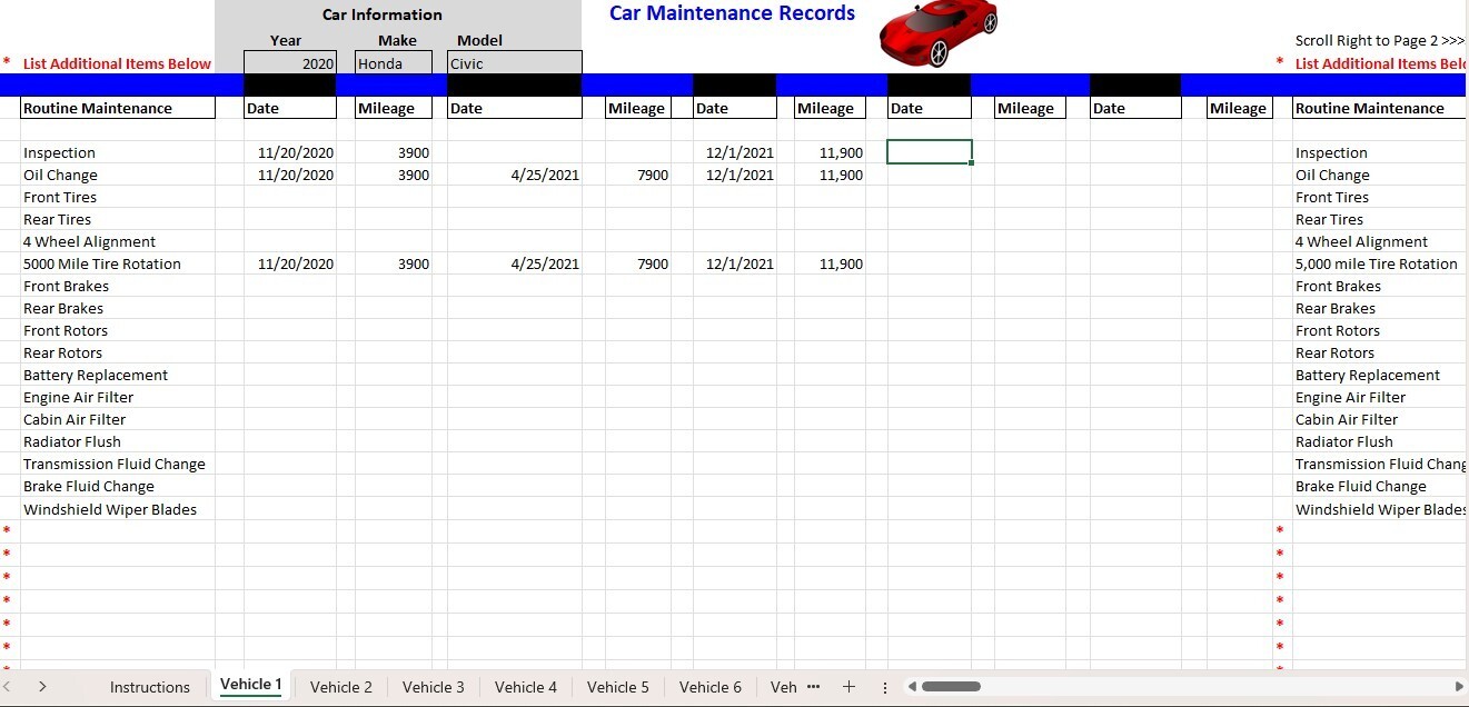 Car Maintenance Tracker Excel Spreadsheet, for PC or Android +FREE Checkbook Reg