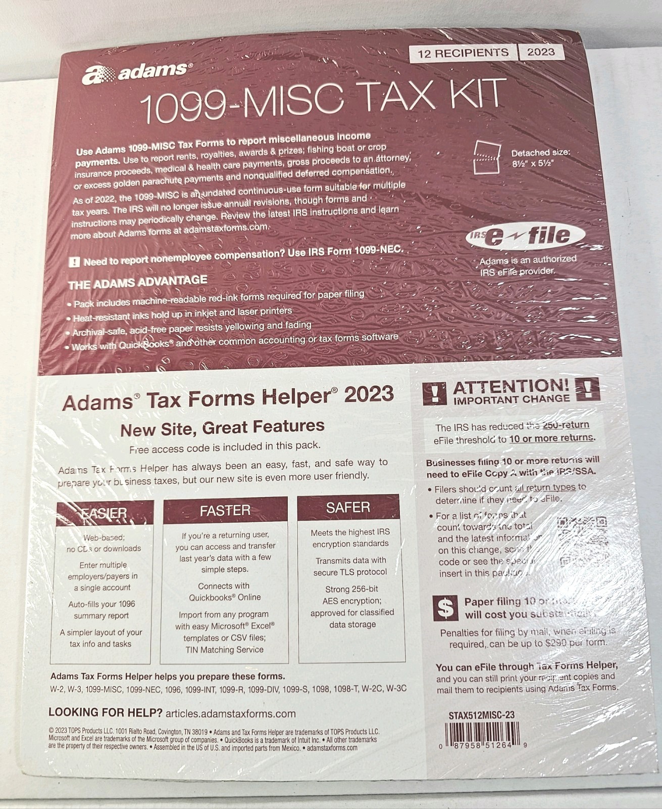 SEALED 2023 ADAMS 1099-MISC TAX KIT FORMS 5-PT 12 RECIPIENTS w/ENVLOPES STAX512
