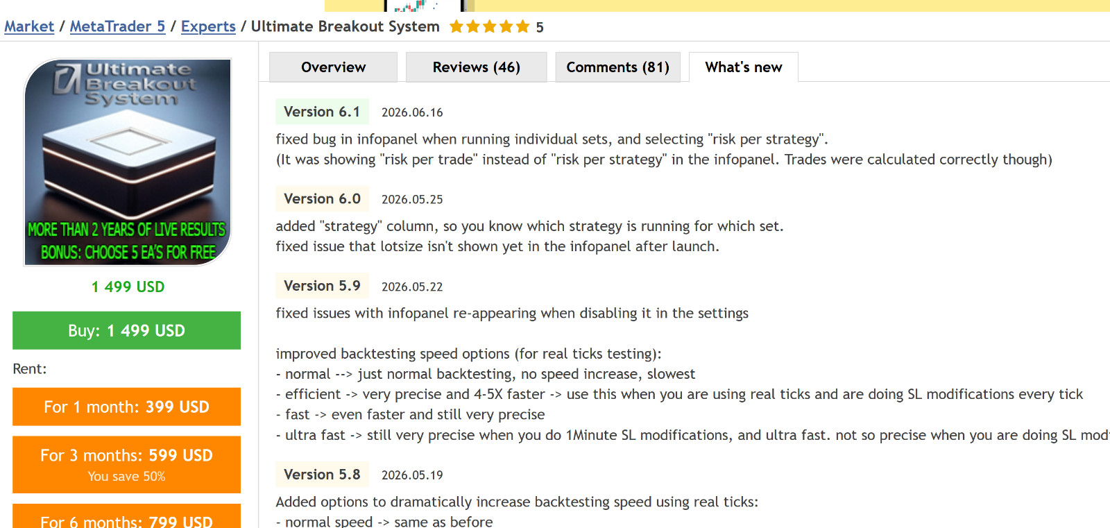 v6.1 Ultimate Breakout System MQL5 MT5 Expert Advisor Algo Trading Bot for Gold