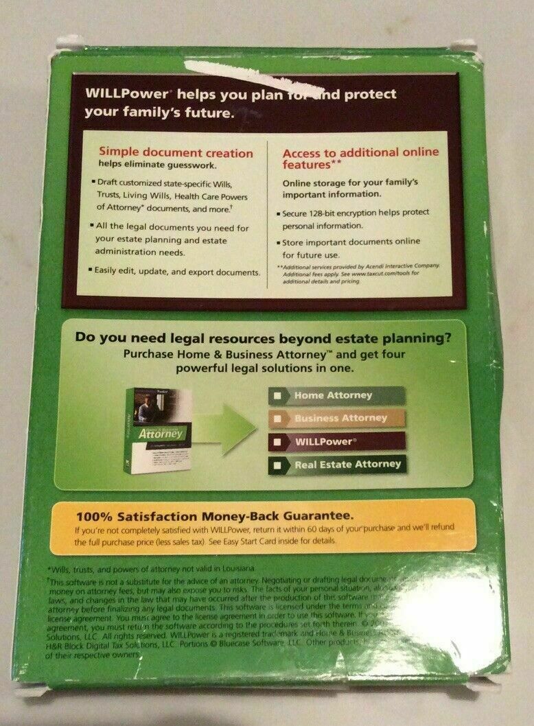H&R Block Will Maker Power Plus Living Trust Software NEW by J Adams WillPower