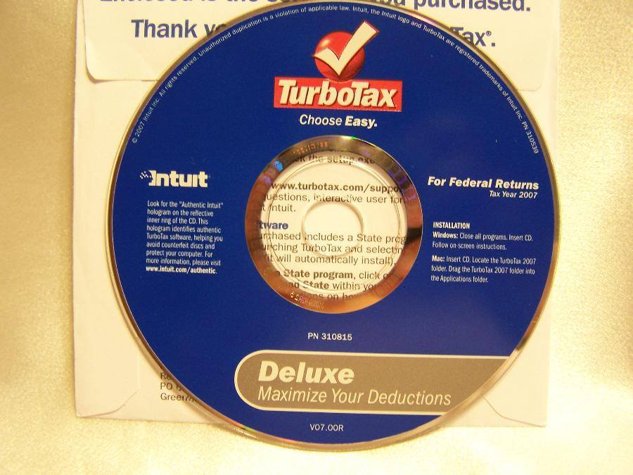 Intuit Turbo Tax Deluxe 2007 Federal CD Do Back Taxes or Print Returns
