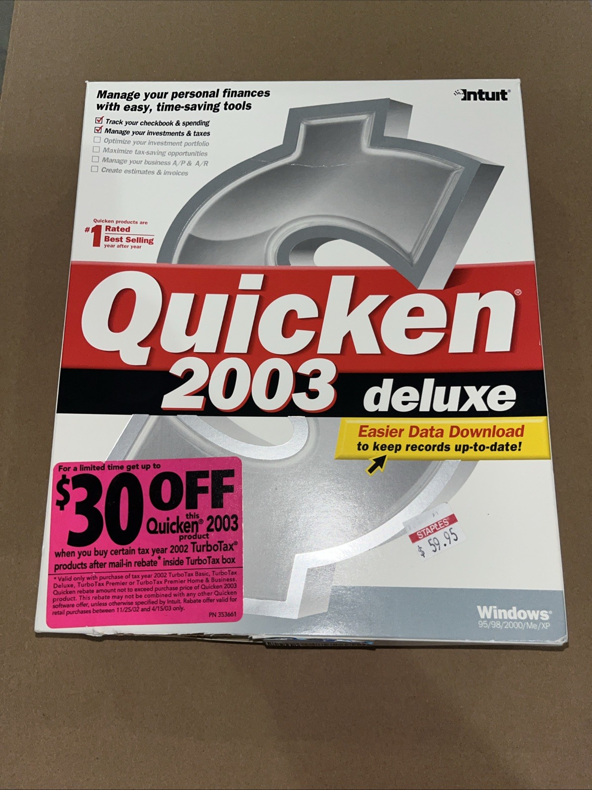 Intuit Quicken 2003 Deluxe For Windows PC Sealed CD.