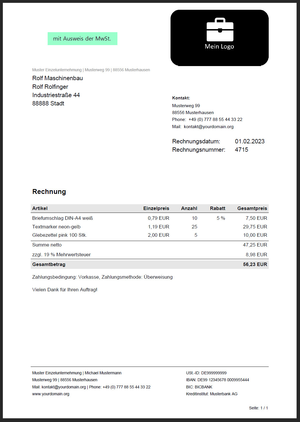 Rechnungsprogramm PDF Rechnung erstellen auch §19 Kleinunternehmer – kein Excel