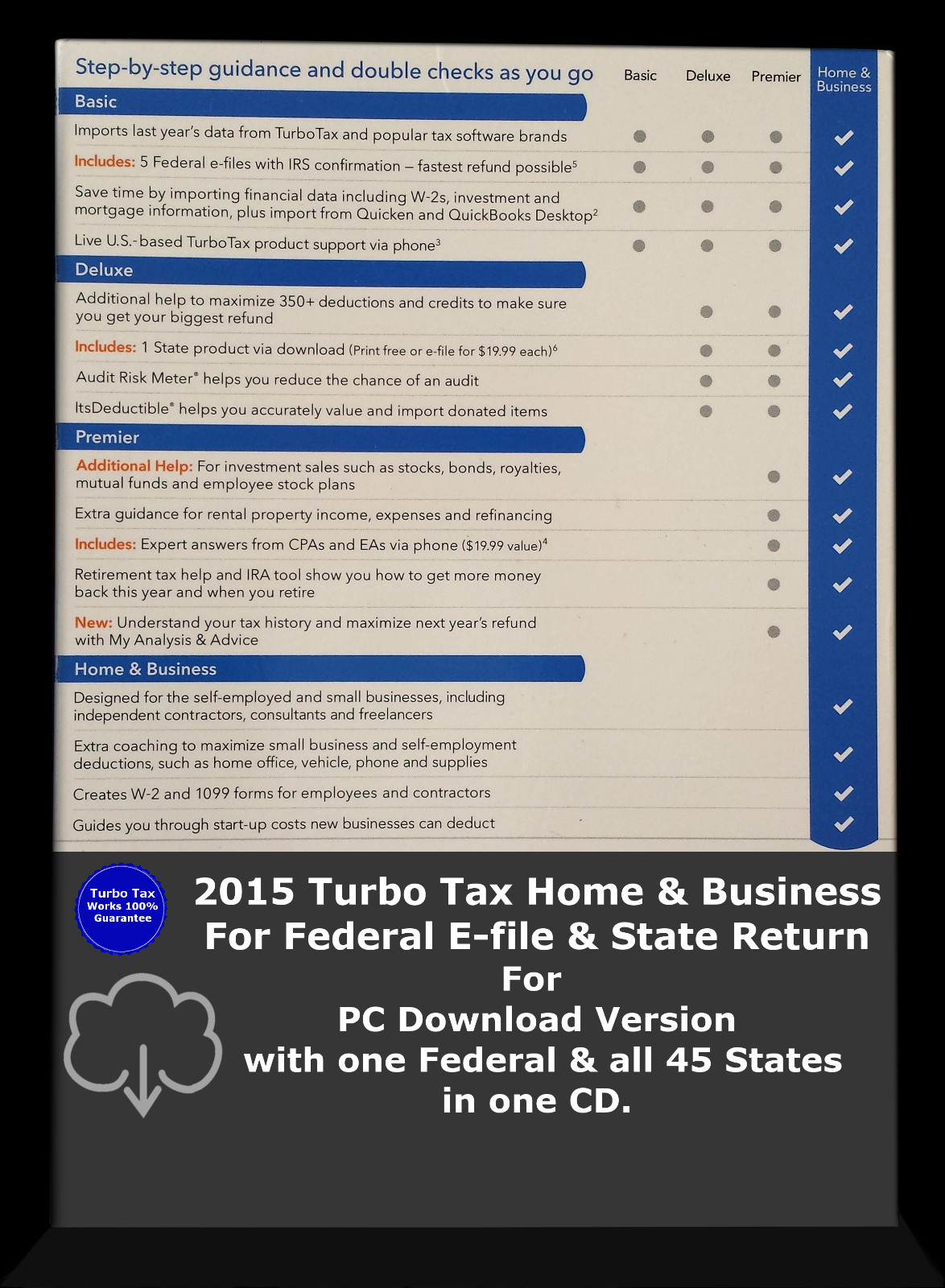 2015 TurboTax Home & Business federal e-file & state return for PC Download CD