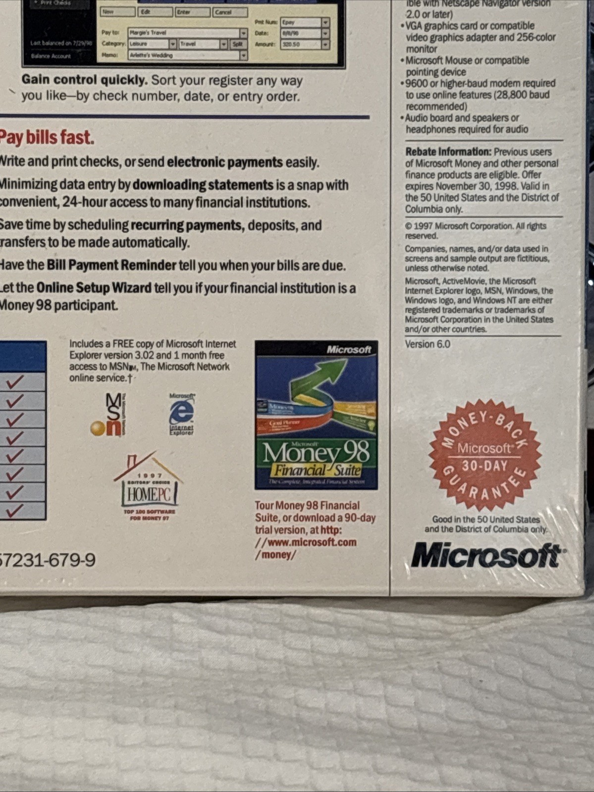 Vintage Microsoft Money 98 PC CD-ROM Software Windows 95/NT Big Box USA Made NEW