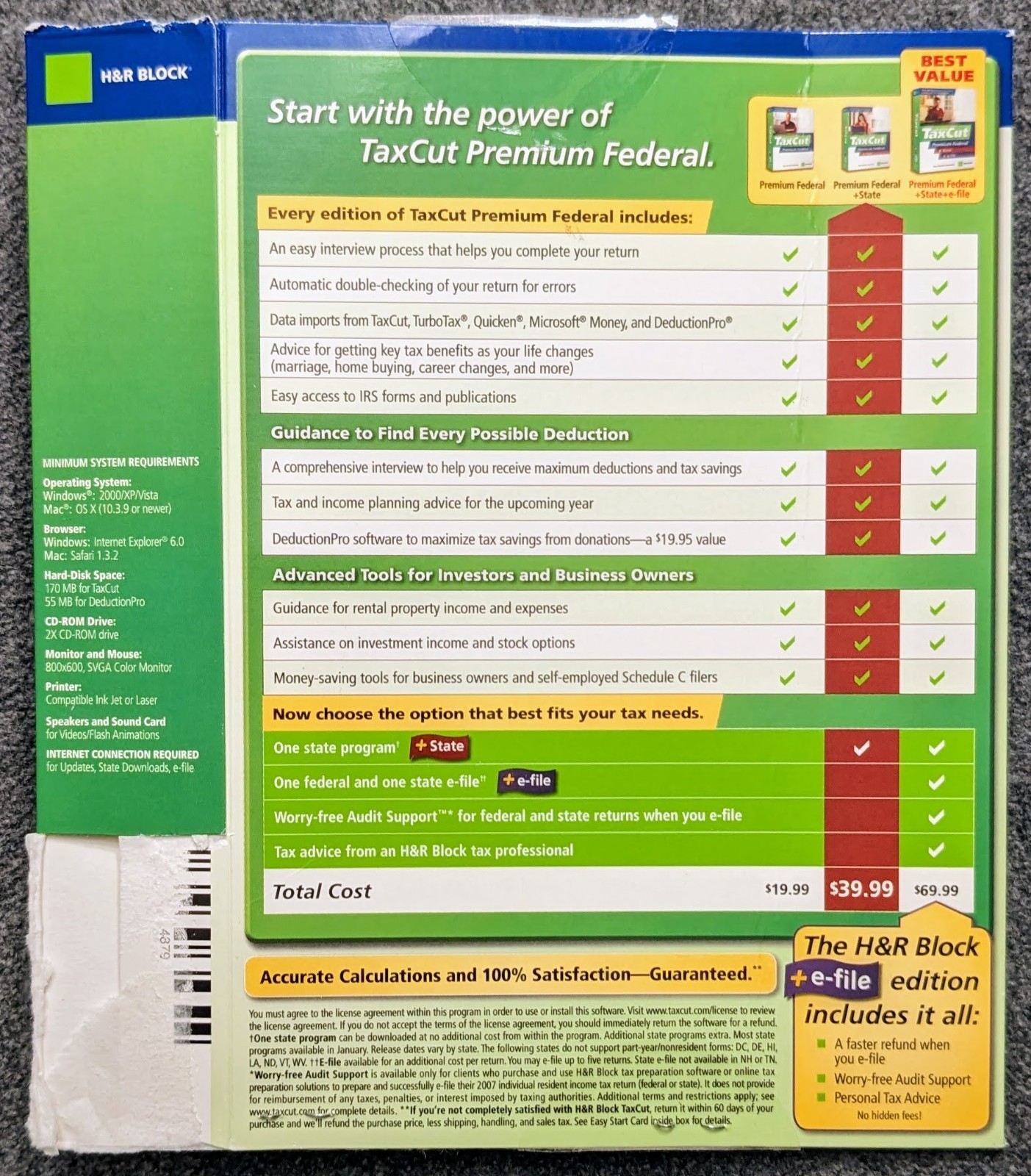 TaxCut 2007 Premium Federal + State Tax Year Software CD Windows Mac H&R Block