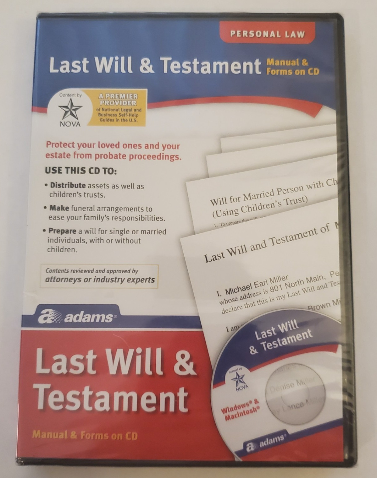 Adams: Last Will & Testament, Manual & Forms on CD, Personal Law, New Sealed