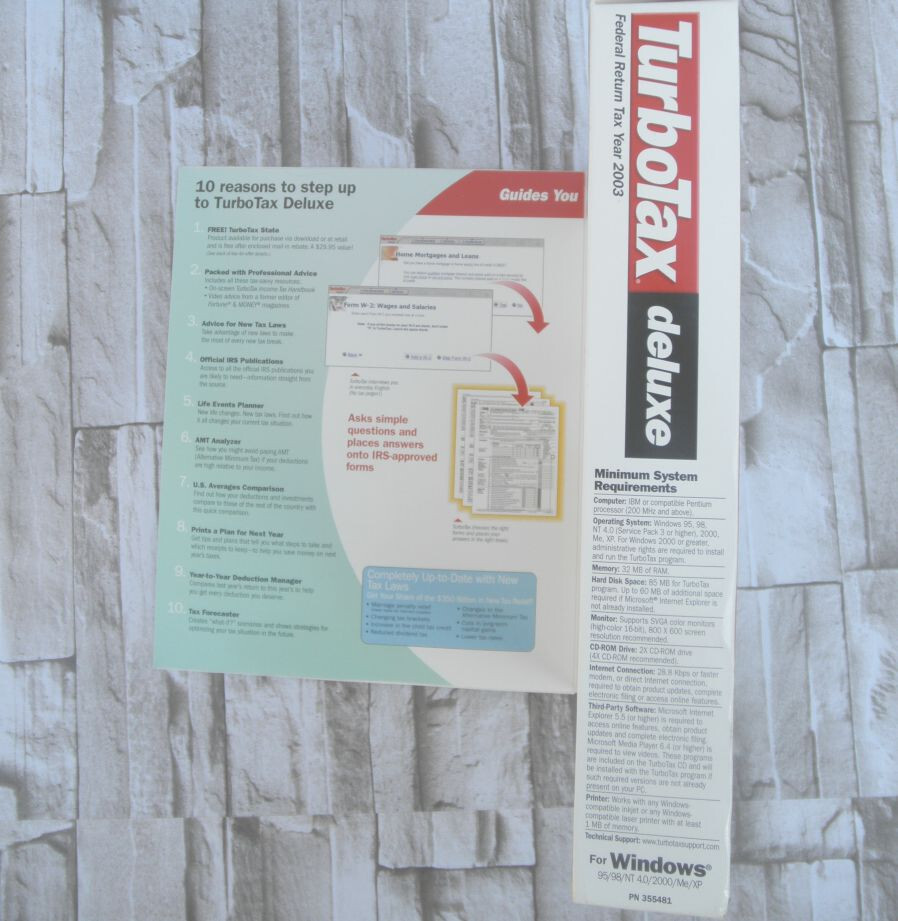 NEW (OPEN BOX) 2003 TURBOTAX DELUXE FEDERAL SOFTWARE WIN 95/98/NT 4.0/2000/ME/XP