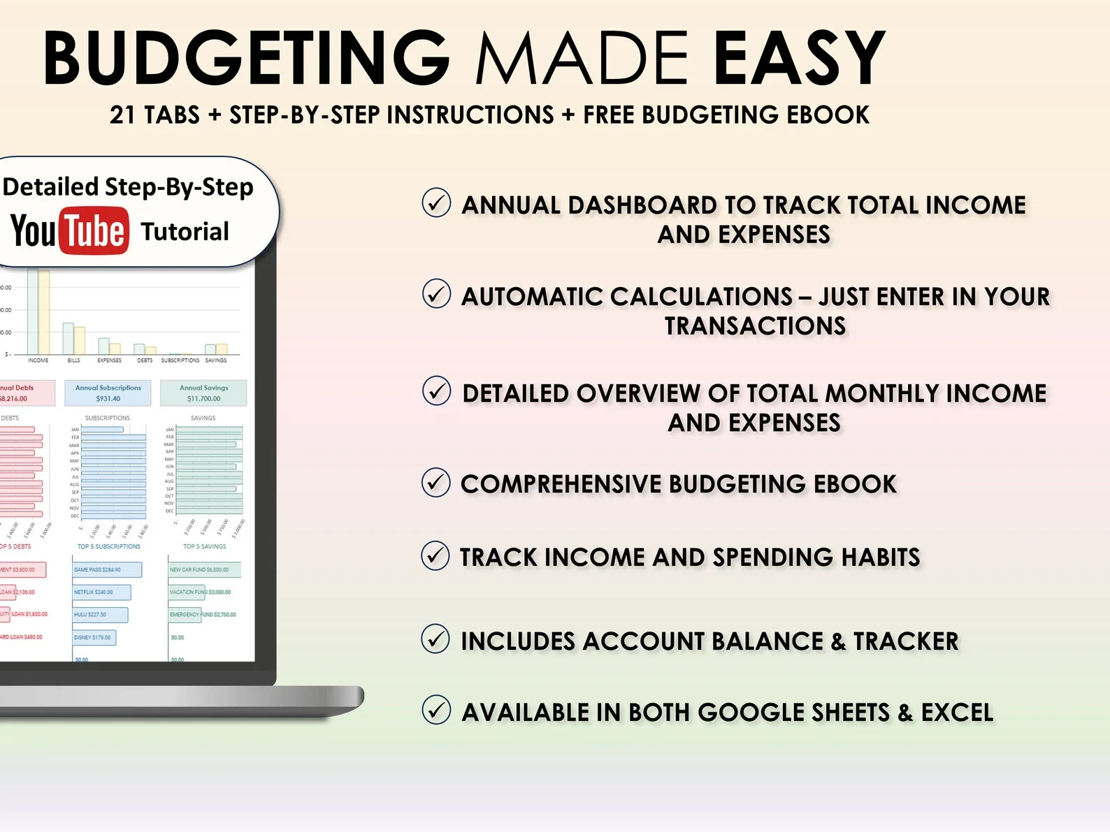 Annual Budget Google Sheets Excel Spreadsheet Monthly Biweekly Budget Tracker